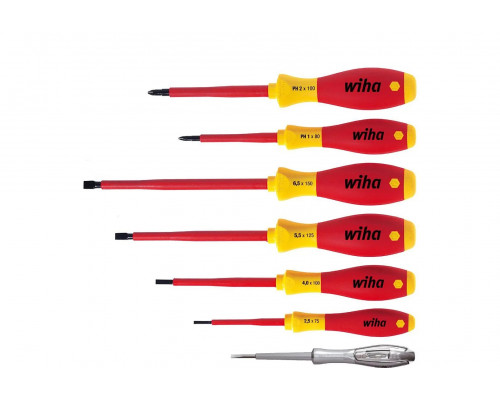 00834 Wiha Набор из 6 диэлектр. отверток SoftFinish electric: 2,5 x 75 / 4,0 x 100 / 5,5 x 125 / 6,5 x 150 / PH1 x 80 / PH2 x 100 и отвёртка-индикатор 110-250В (серия 320N)